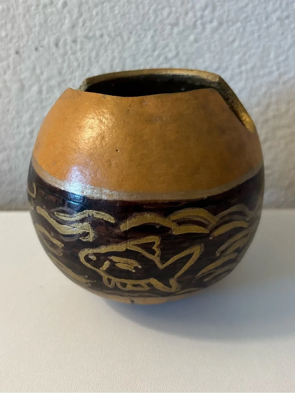 Hand‑Carved Decorative Gourd Bowl • Folk Art • Rustic Boho Home Decor